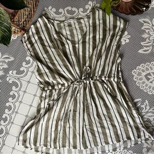 Cleo Green and White Cap Sleeve Blouse with Tie Front